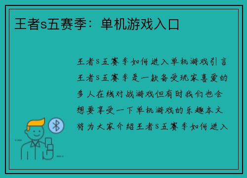 王者s五赛季：单机游戏入口